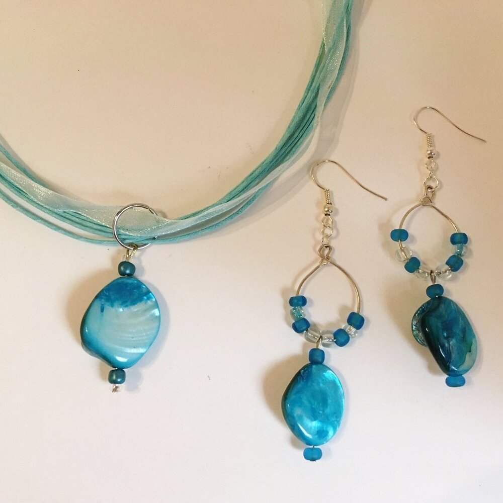Blue Beaded Necklace Earring Set Organza Silver Metal Hoop Shell Handcrafted New